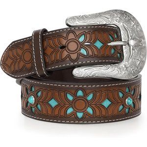 Women's Western Leather Belt Vintage Buckle Belt Ladies Cowgirl Leather Belt
